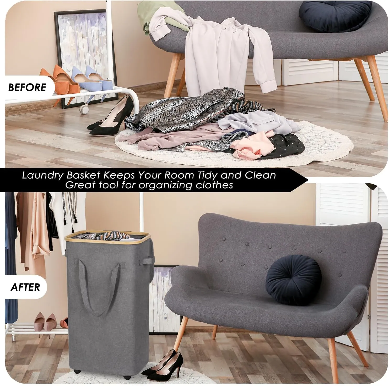 WELTRXE Gray Laundry Hamper with Lid and Wheels, 110L Large Rolling Laundry Basket with Extended Handles Foldable Dirty Clothes Hamper Wheeled Narrow Corner Clothes Bins for Bedroom Dorm Laundry Room