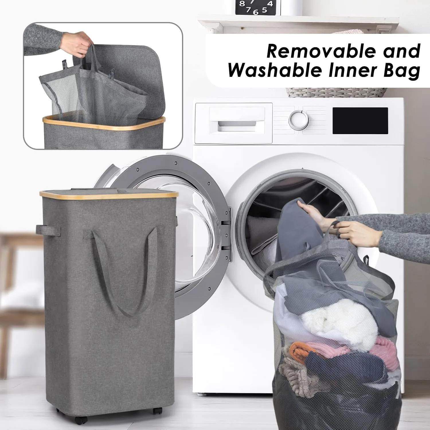 WELTRXE Gray Laundry Hamper with Lid and Wheels, 110L Large Rolling Laundry Basket with Extended Handles Foldable Dirty Clothes Hamper Wheeled Narrow Corner Clothes Bins for Bedroom Dorm Laundry Room