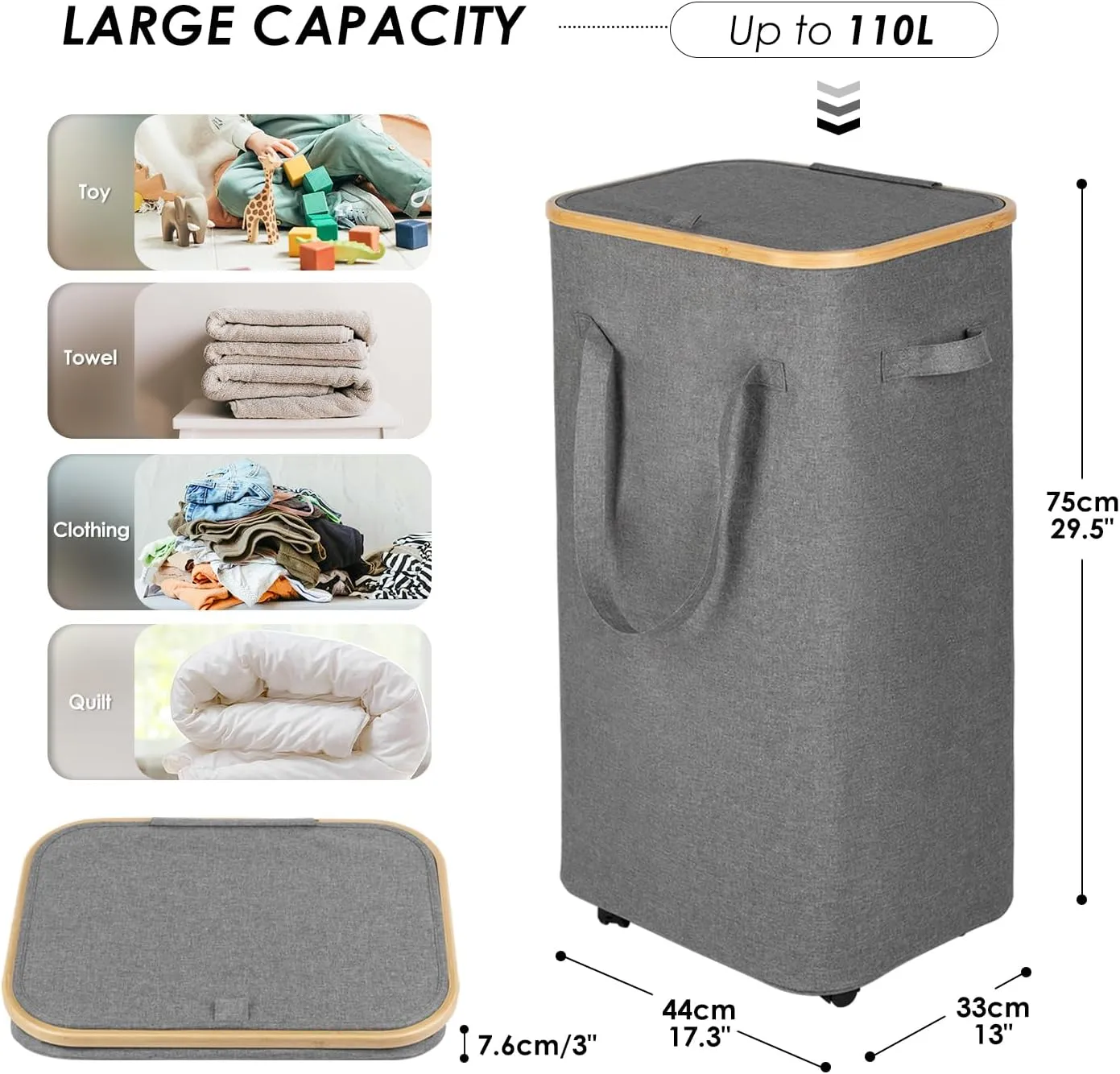 WELTRXE Gray Laundry Hamper with Lid and Wheels, 110L Large Rolling Laundry Basket with Extended Handles Foldable Dirty Clothes Hamper Wheeled Narrow Corner Clothes Bins for Bedroom Dorm Laundry Room