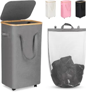 WELTRXE Gray Laundry Hamper with Lid and Wheels, 110L Large Rolling Laundry Basket with Extended Handles Foldable Dirty Clothes Hamper Wheeled Narrow Corner Clothes Bins for Bedroom Dorm Laundry Room