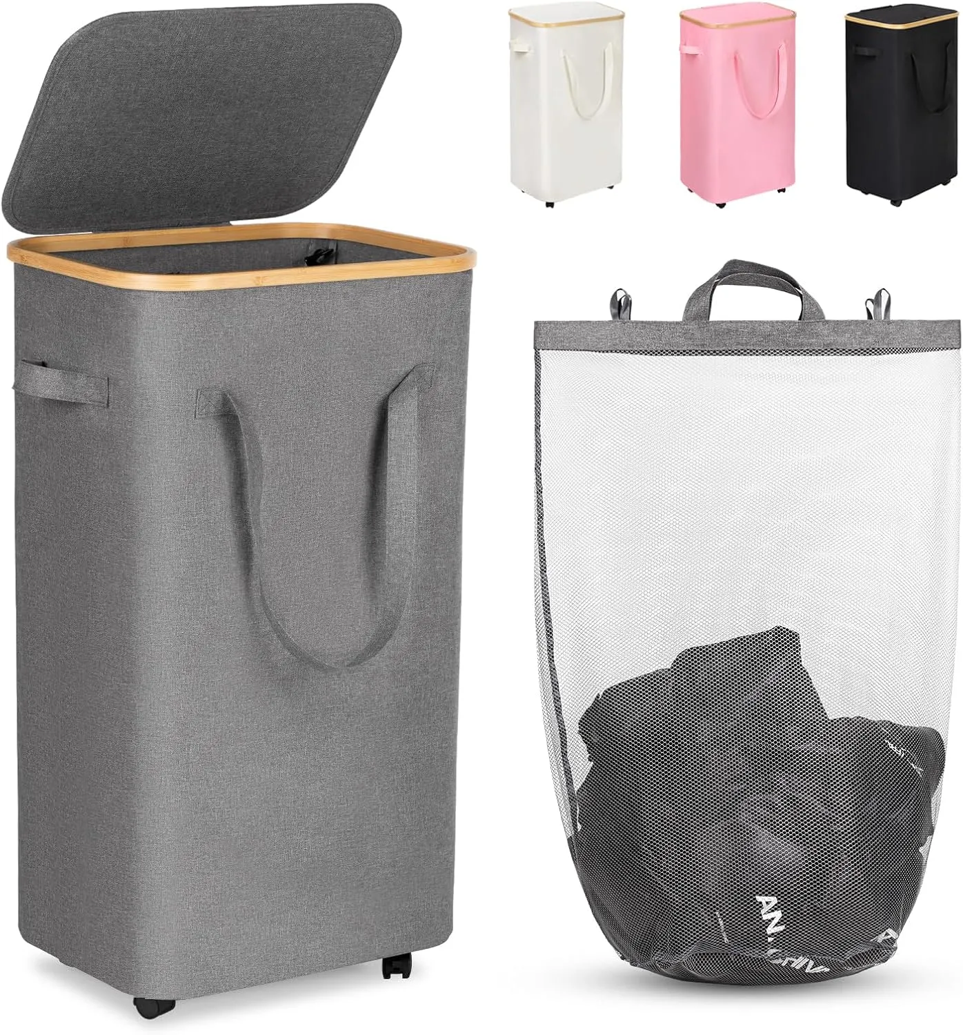 WELTRXE Gray Laundry Hamper with Lid and Wheels, 110L Large Rolling Laundry Basket with Extended Handles Foldable Dirty Clothes Hamper Wheeled Narrow Corner Clothes Bins for Bedroom Dorm Laundry Room