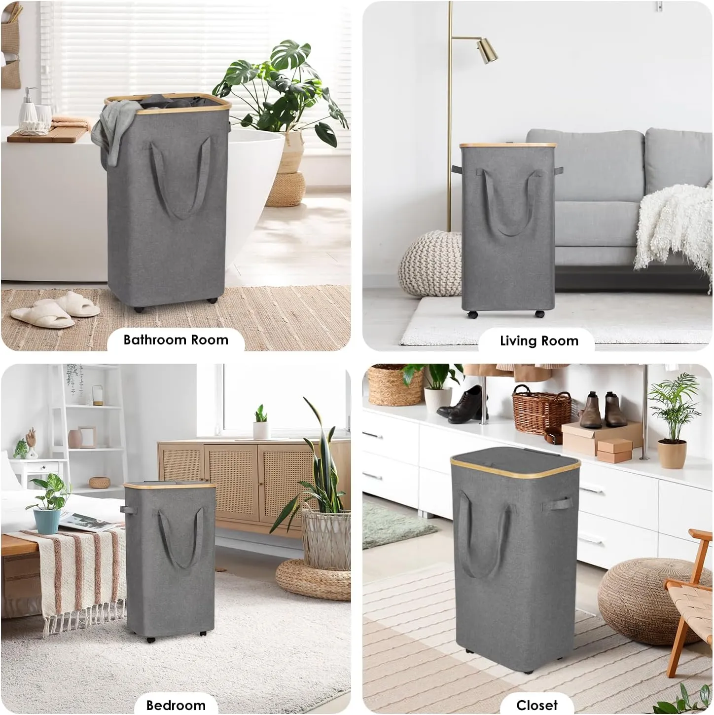 WELTRXE Gray Laundry Hamper with Lid and Wheels, 110L Large Rolling Laundry Basket with Extended Handles Foldable Dirty Clothes Hamper Wheeled Narrow Corner Clothes Bins for Bedroom Dorm Laundry Room