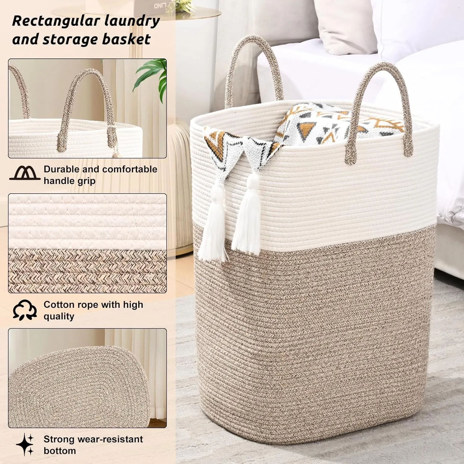 WENMER Woven Laundry Basket for Clothes, 65L Large Rectangle Laundry Hampers, Nursery Storage Basket for Baby Toys, Tall Dirty Clothes Hamper for Bedroom Aesthetic, Laundry Room Organization