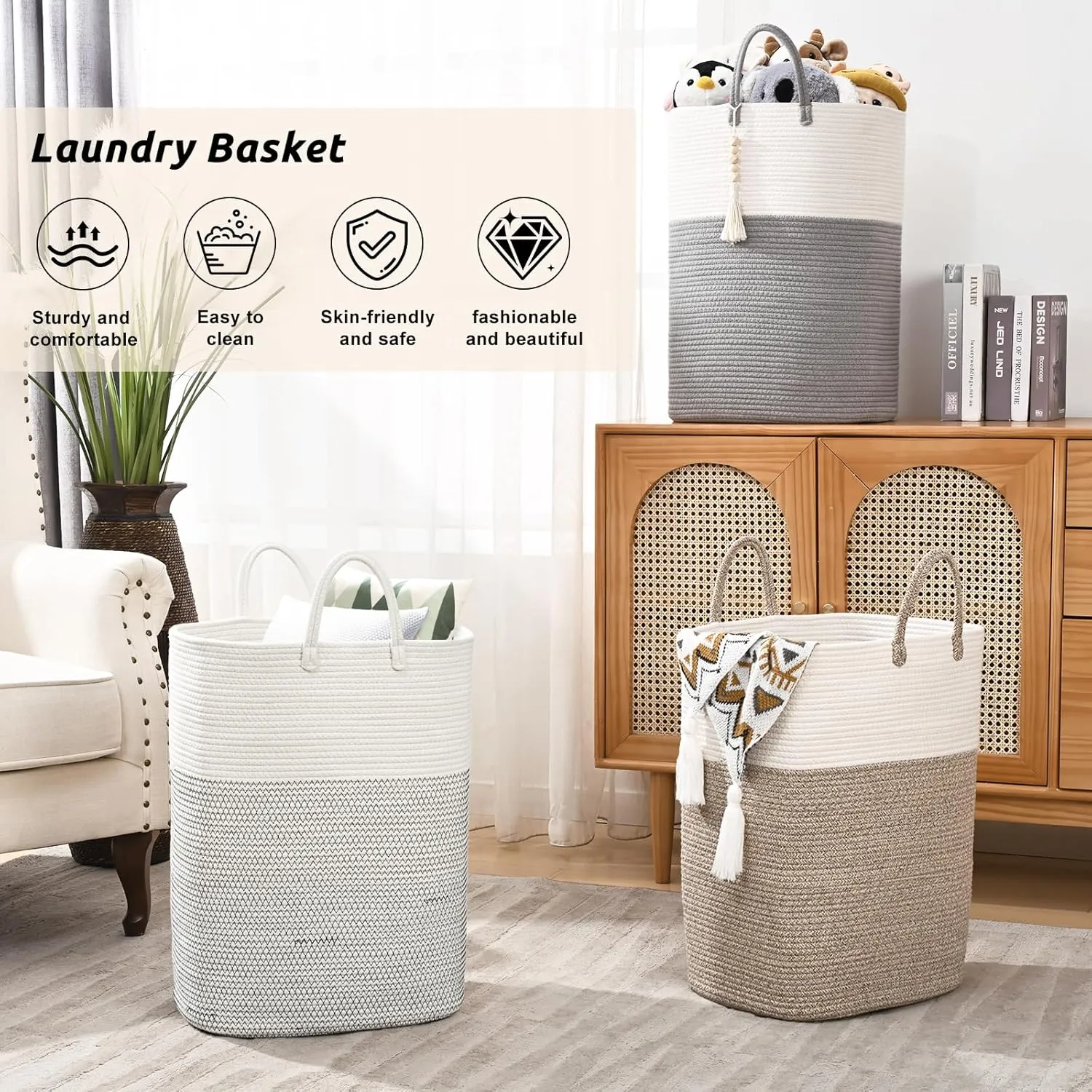 WENMER Woven Laundry Basket for Clothes, 65L Large Rectangle Laundry Hampers, Nursery Storage Basket for Baby Toys, Tall Dirty Clothes Hamper for Bedroom Aesthetic, Laundry Room Organization