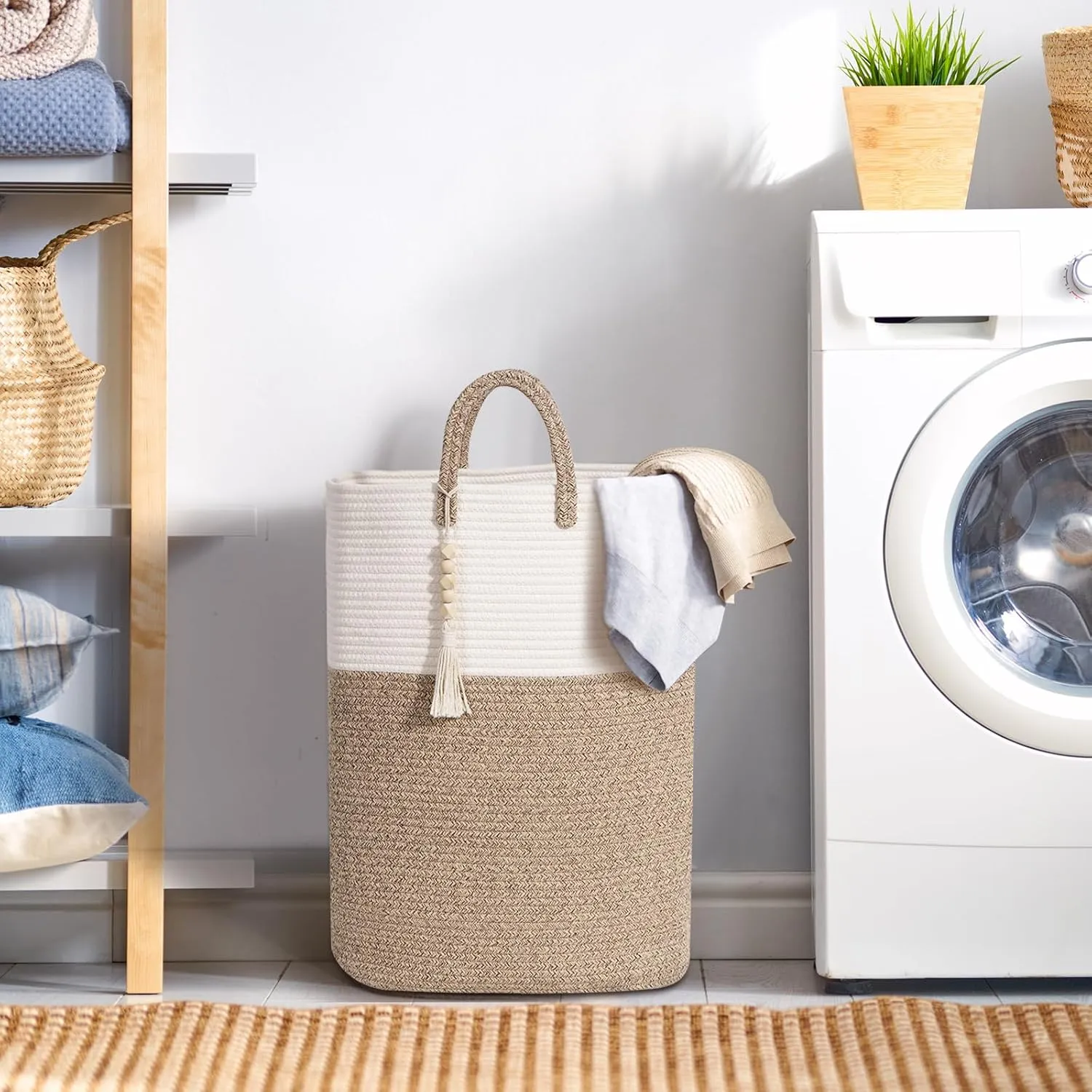 WENMER Woven Laundry Basket for Clothes, 65L Large Rectangle Laundry Hampers, Nursery Storage Basket for Baby Toys, Tall Dirty Clothes Hamper for Bedroom Aesthetic, Laundry Room Organization