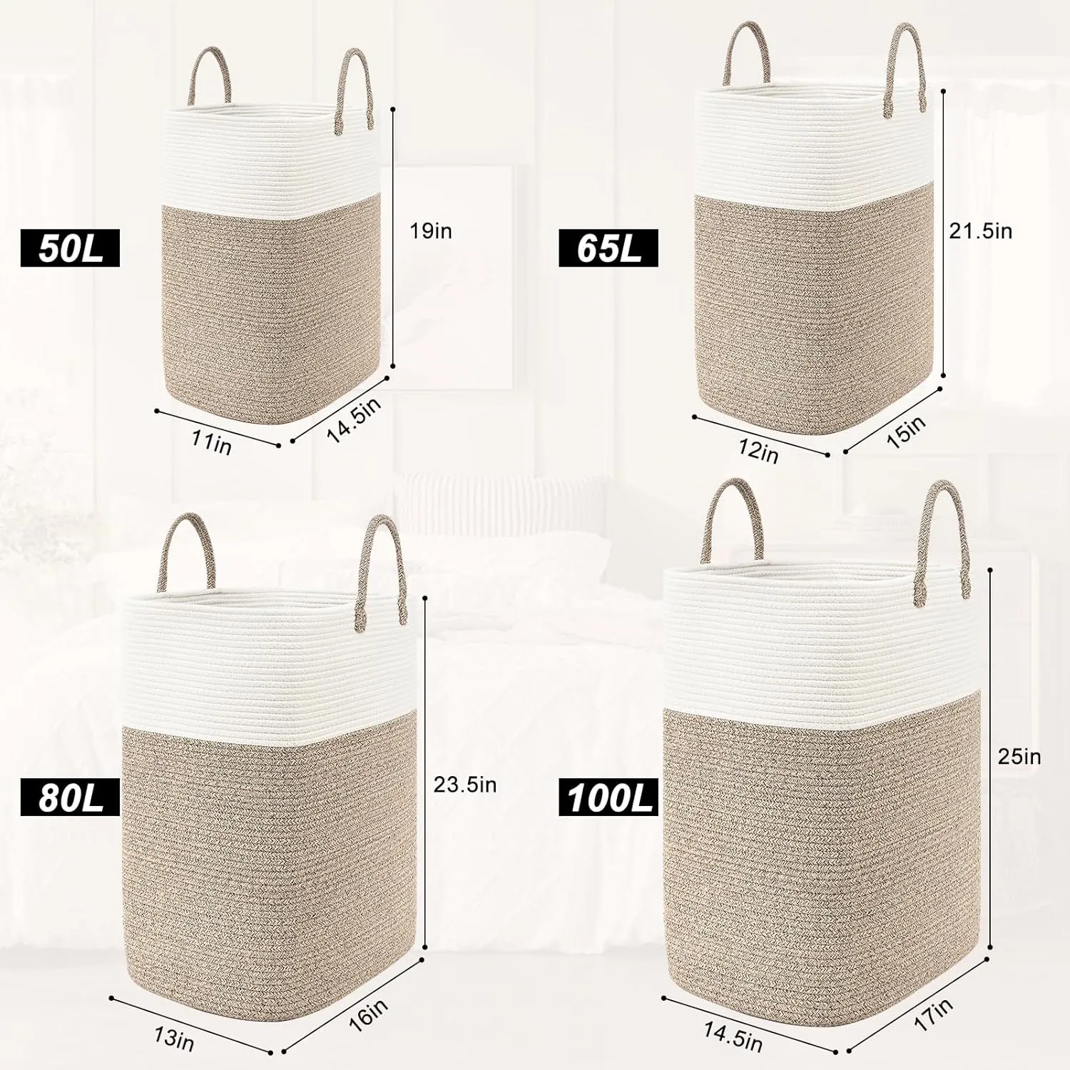 WENMER Woven Laundry Basket for Clothes, 65L Large Rectangle Laundry Hampers, Nursery Storage Basket for Baby Toys, Tall Dirty Clothes Hamper for Bedroom Aesthetic, Laundry Room Organization