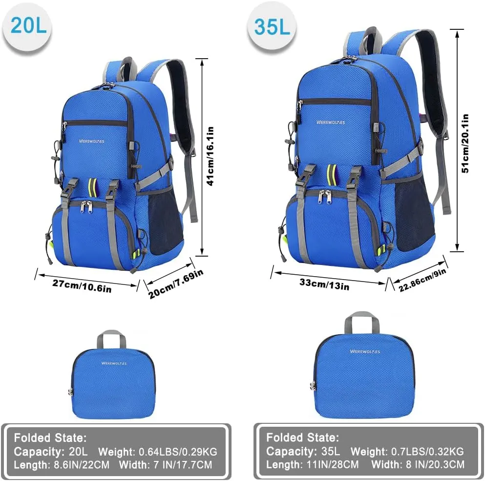 WEREWOLVES 20/35L Lightweight Hiking Backpack, Ultralight Water Resistant Packable Daypack for Women Men