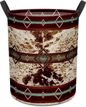 Western Aztec Cow Print Baby Laundry Hamper,Laundry Basket,Waterproof Storage Bin for Bedroom,Clothes Organizer Basket,Toys Box,Room Decor