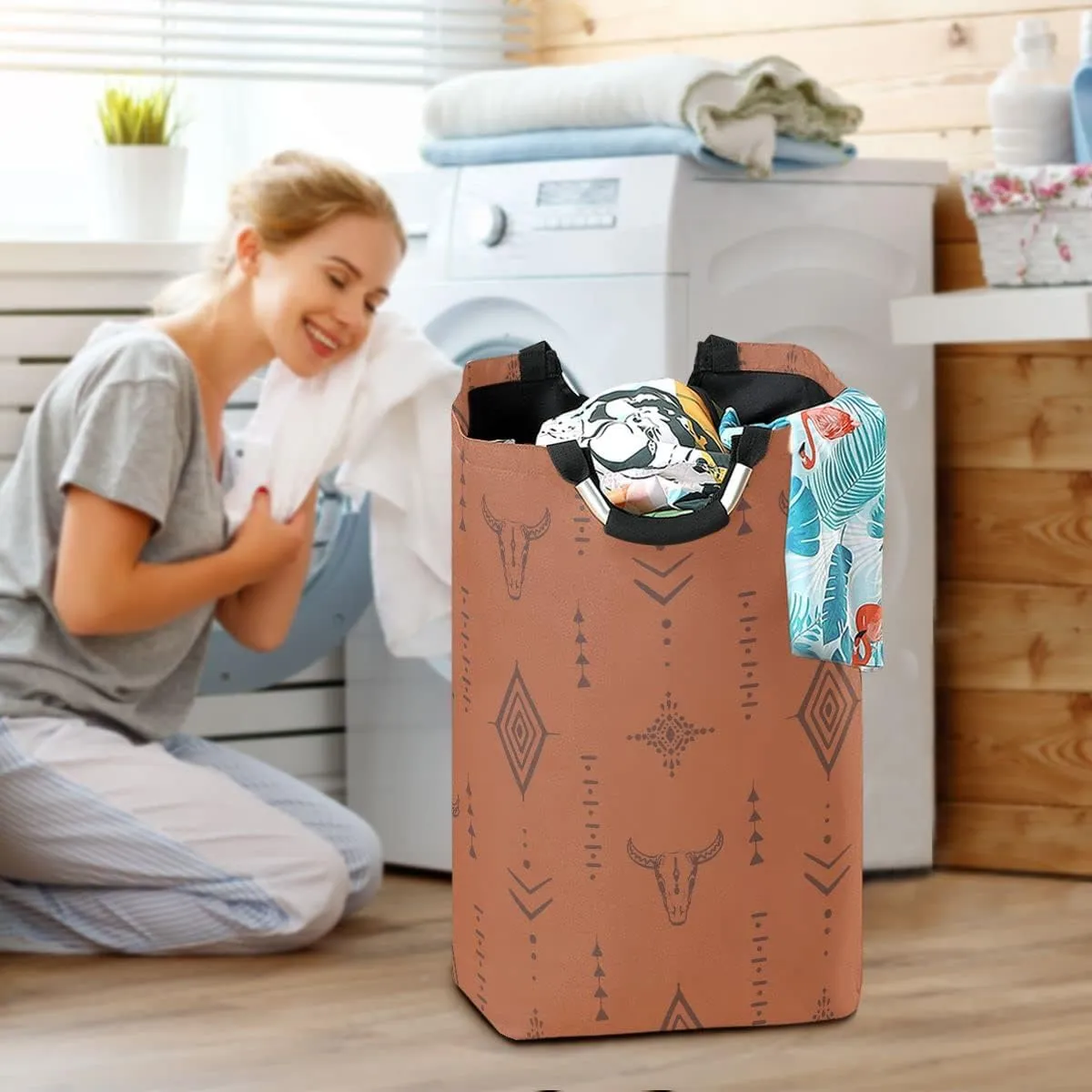 Western Bull Boho Large Laundry Hamper Basket, Collapsible Laundry Bag Storage Bins Baskets with Handles for Laundry, Bedroom, Home Decor