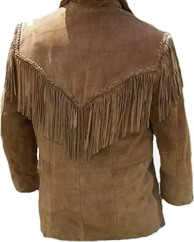 Western Cowboy Fringes Suede Leather Jacket for Men's - Native American and Biker Style Classic Fashion Coat (Brown)