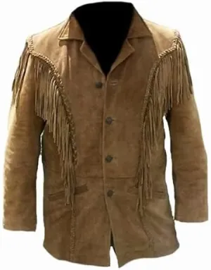 Western Cowboy Fringes Suede Leather Jacket for Men's - Native American and Biker Style Classic Fashion Coat (Brown)