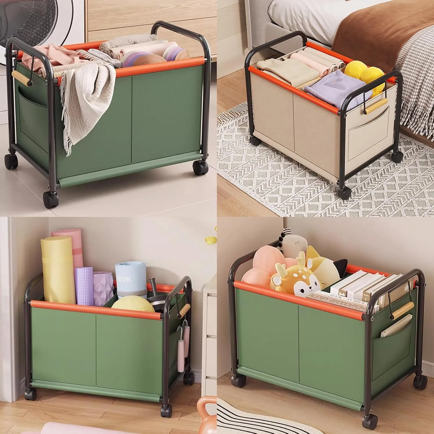 Wheeled Laundry Basket with Oxford Fabric Bag, Clothes Storage Basket, Partition Design Rolling Laundry Basket Storage Cart for Bathrooms, Bedrooms, Dormitories, Laundry Rooms(Gray,64x37x65cm/25x15x26