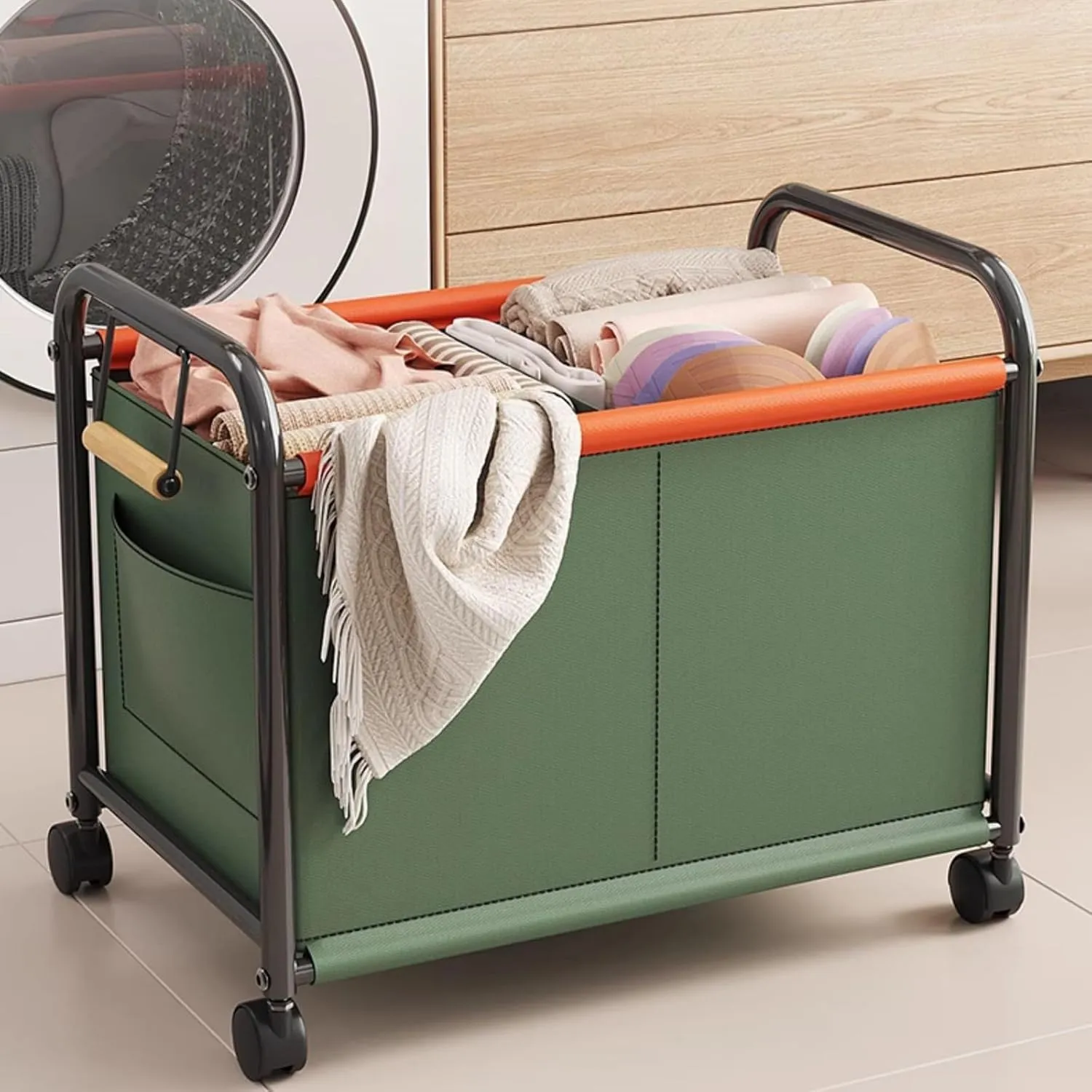 Wheeled Laundry Basket With Oxford Fabric Bag, Partition Design Rolling Laundry Cart, Rolling Small Commercial Utility Cart(White,Medium)