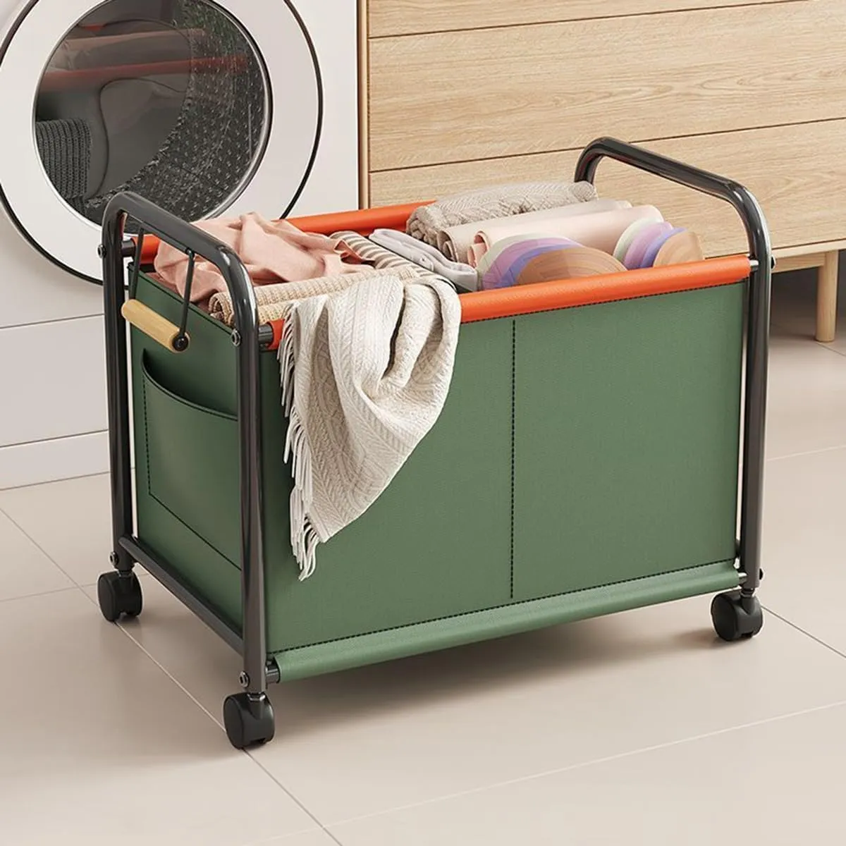 Wheeled Laundry Basket with Oxford Fabric Bag, Rolling Laundry Basket,Clothes Storage Basket, Partition Design Rolling Laundry Basket Storage Cart for Bathrooms, Bedrooms, Dormitories(Beige,63.5x37x48