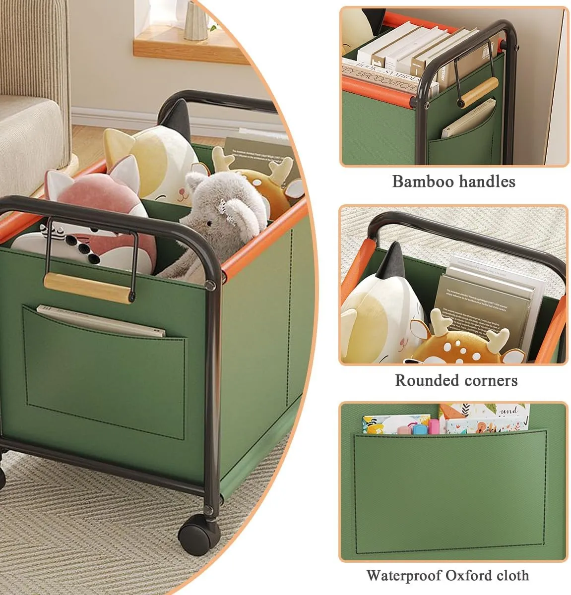 Wheeled Laundry Basket with Oxford Fabric Bag, Rolling Laundry Basket,Clothes Storage Basket, Partition Design Rolling Laundry Basket Storage Cart for Bathrooms, Bedrooms, Dormitories(Beige,63.5x37x48