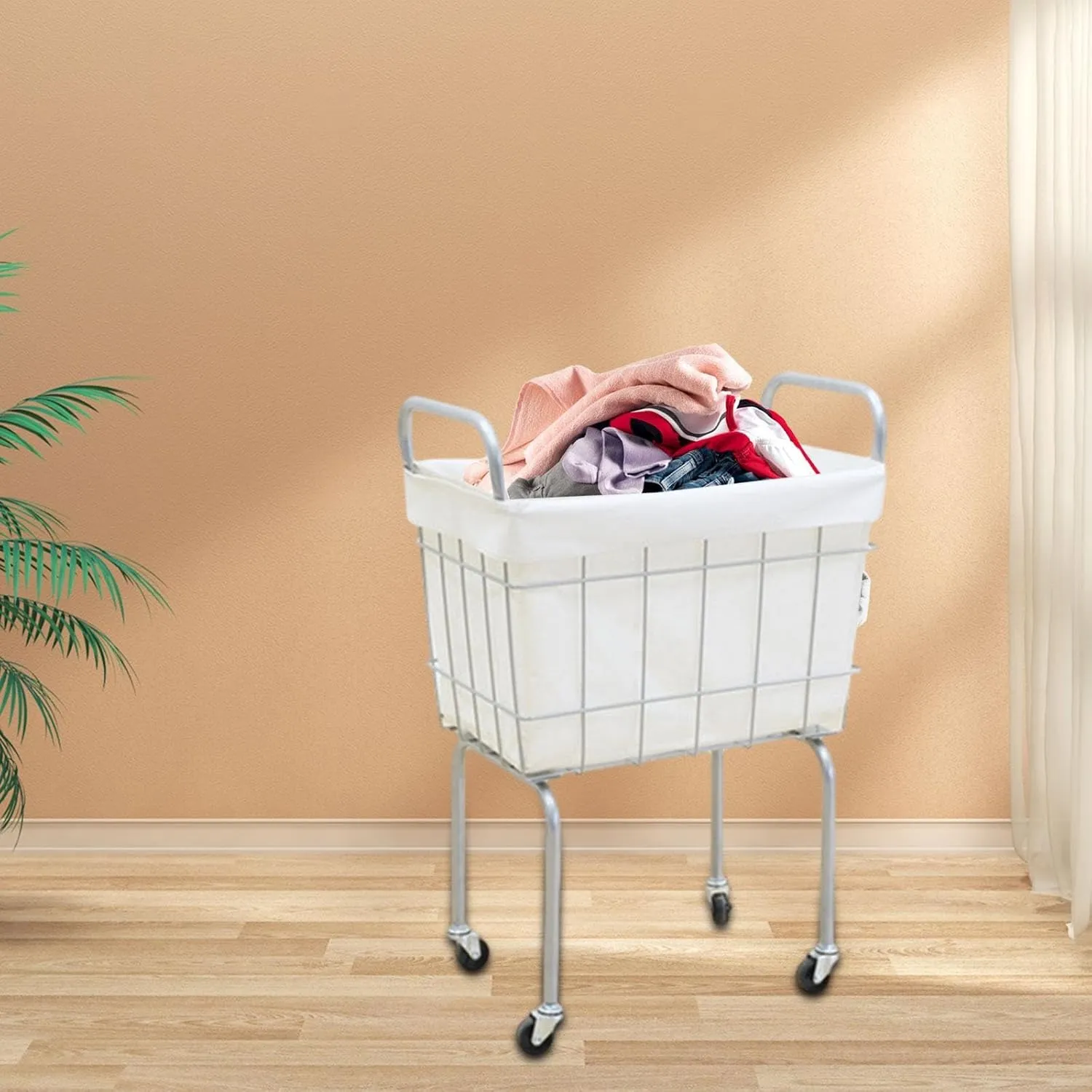 Wheeled Laundry Cart Laundry Hamper Large Opening Household Breathable Washing Bag Dirty Clothes Basket for Hotel Farmhouse, Single Layer