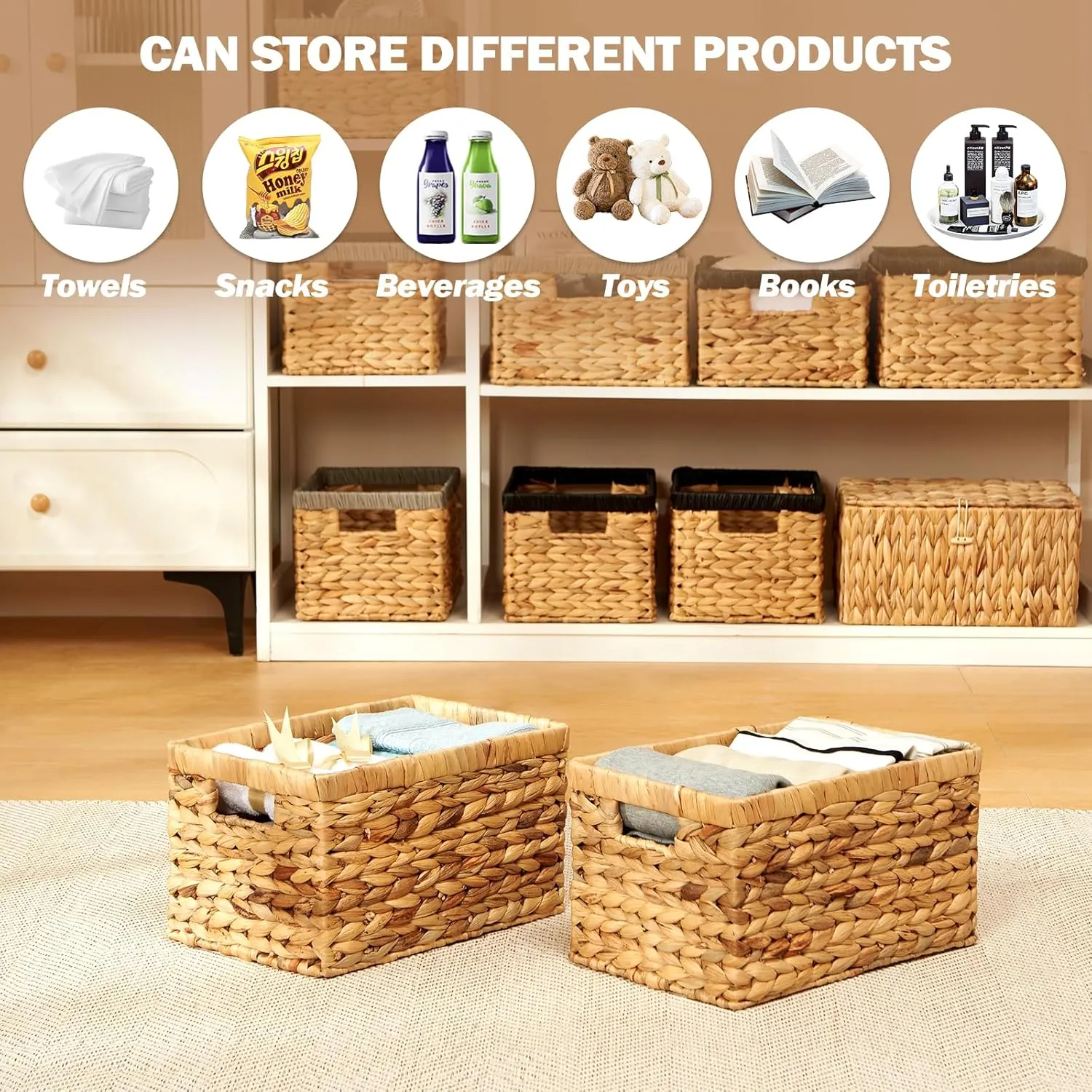 Wicker Storage Basket, Water Hyacinth Storage Baskets with Built-in Handles, Large Wicker Baskets for Storage, 2 Pack Wicker Baskets for Organizing, Natural