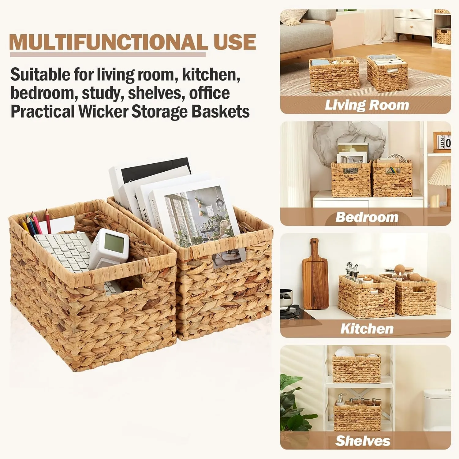 Wicker Storage Basket, Water Hyacinth Storage Baskets with Built-in Handles, Large Wicker Baskets for Storage, 2 Pack Wicker Baskets for Organizing, Natural
