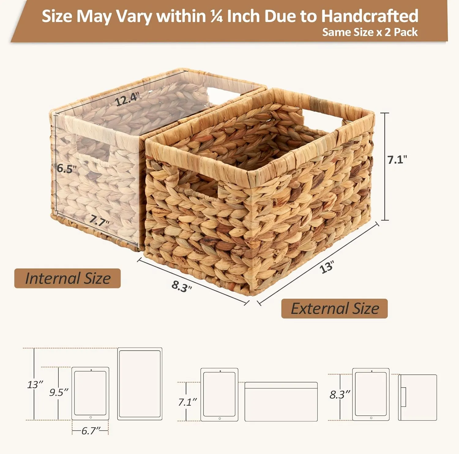 Wicker Storage Basket, Water Hyacinth Storage Baskets with Built-in Handles, Large Wicker Baskets for Storage, 2 Pack Wicker Baskets for Organizing, Natural