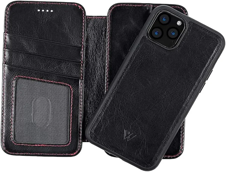 Wilken Wallet Case with Detachable Magnetic Phone Case Compatible with iPhone 14 Plus | Compatible with MagSafe & Wireless Charging | Top Grain Leather | Custom Metal Buttons (14 Plus, Black)