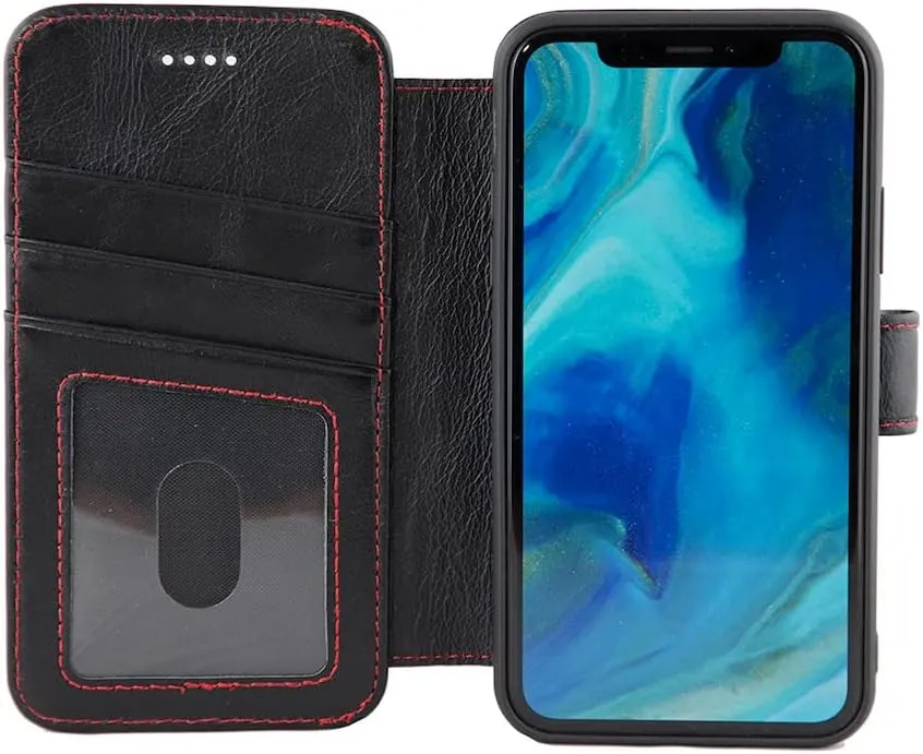 Wilken Wallet Case with Detachable Magnetic Phone Case Compatible with iPhone 14 Plus | Compatible with MagSafe & Wireless Charging | Top Grain Leather | Custom Metal Buttons (14 Plus, Black)