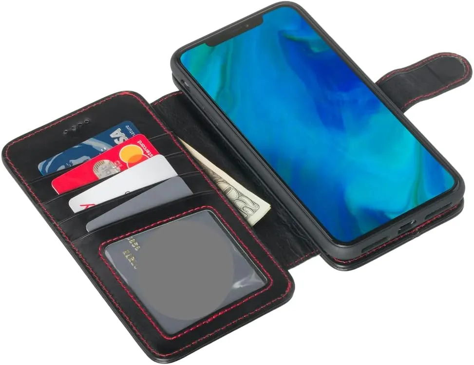 Wilken Wallet Case with Detachable Magnetic Phone Case Compatible with iPhone 14 Plus | Compatible with MagSafe & Wireless Charging | Top Grain Leather | Custom Metal Buttons (14 Plus, Black)