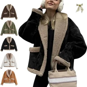 Winter Casual Faux Suede Leather Jacket,Womens Fashion Lapel Button Fleece Lined Thicked Aviator Cropped Overcoat with Pocket