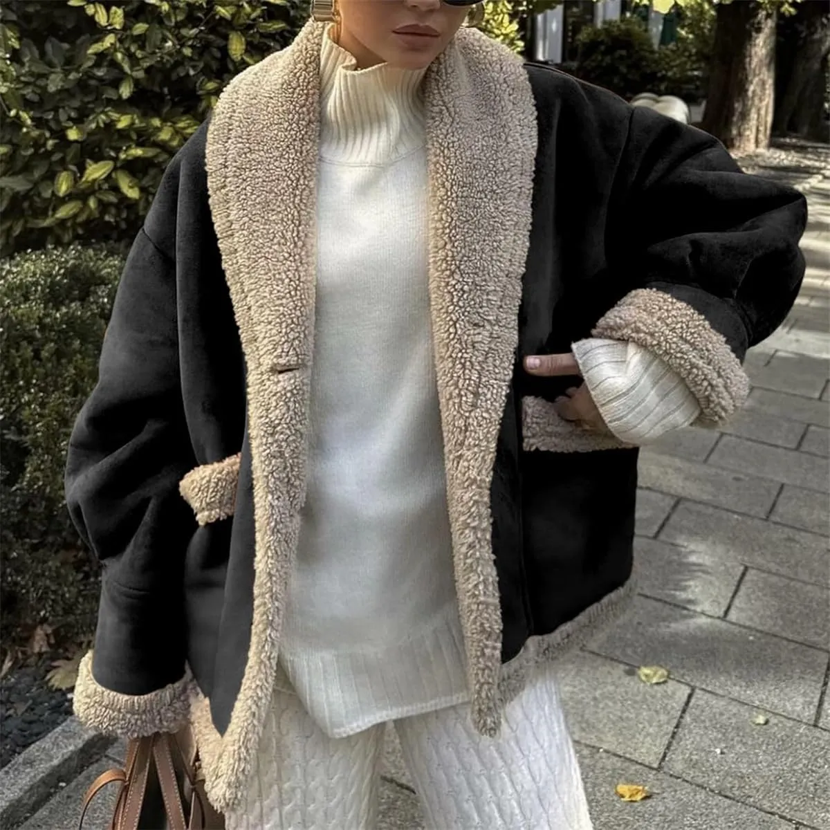 Winter Casual Faux Suede Leather Jacket,Womens Fashion Lapel Button Fleece Lined Thicked Aviator Cropped Overcoat with Pocket