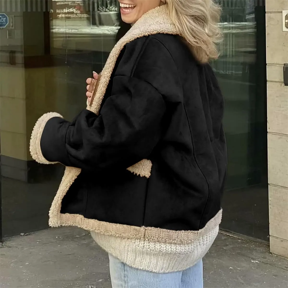 Winter Casual Faux Suede Leather Jacket,Womens Fashion Lapel Button Fleece Lined Thicked Aviator Cropped Overcoat with Pocket
