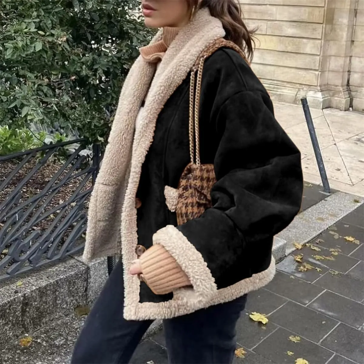 Winter Casual Faux Suede Leather Jacket,Womens Fashion Lapel Button Fleece Lined Thicked Aviator Cropped Overcoat with Pocket