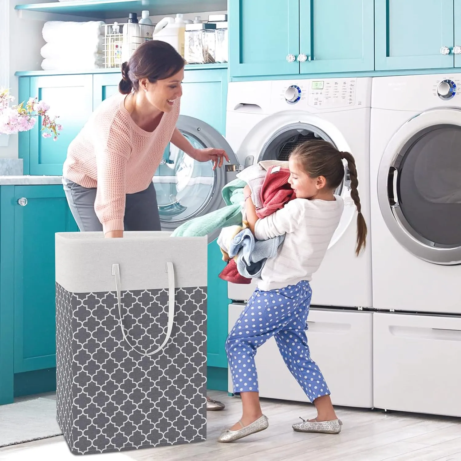 WISELIFE 2-Pack Laundry Hamper 75L Collapsible Large Laundry Baskets with Easy Carry Handles Freestanding Waterproof Clothes Hamper Storage Basket for Toys Clothes Organizer - 24.4" (H), Clover Grey