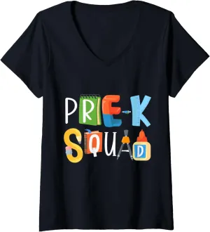 Womens Cute Pre-K Squad Teachers Early Childhood PreSchool Spirit V-Neck T-Shirt