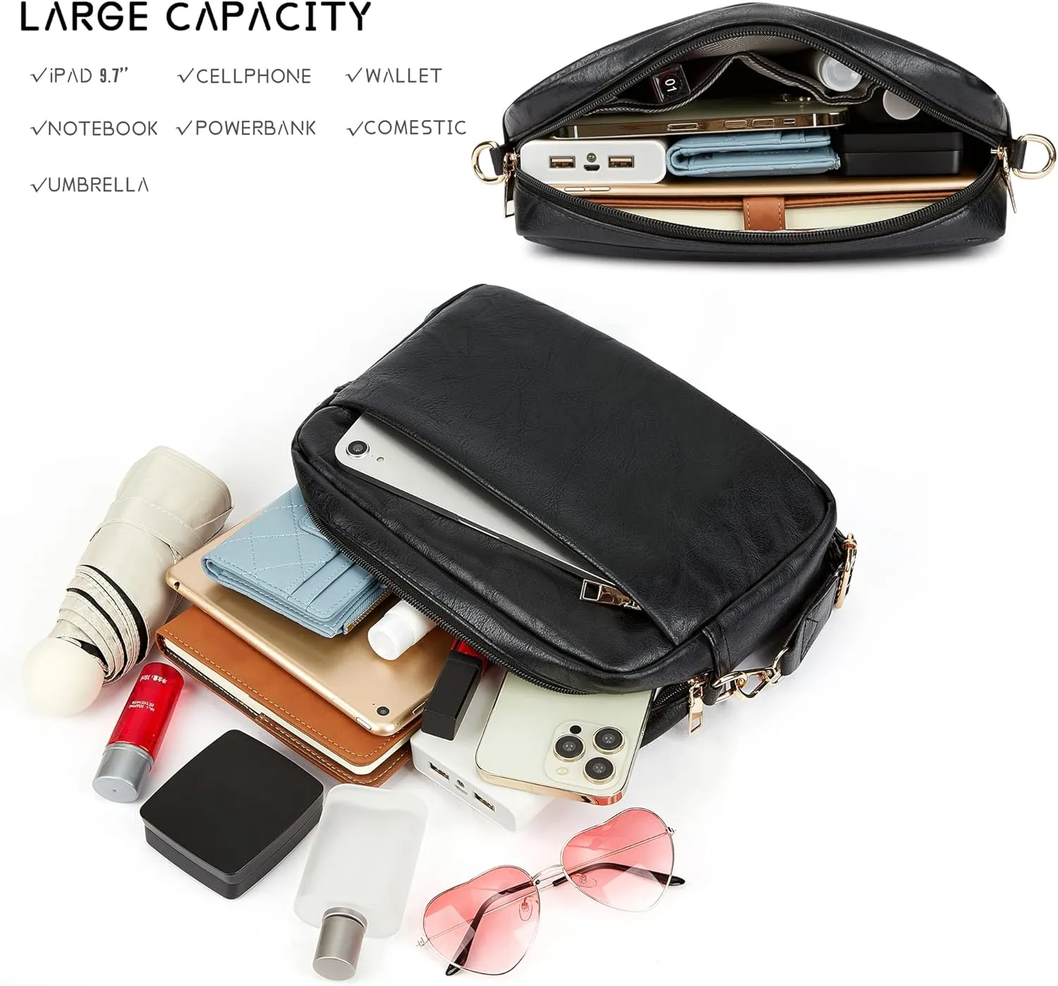 Women's Leather Crossbody Bag Zipper Shoulder Camera Purse