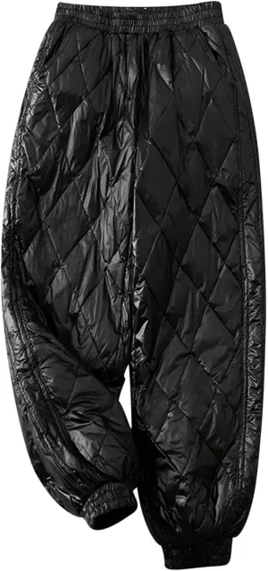 Women's Puffer Snow Pants Quilted Wide Leg Winter Diamond Sweatpants High Waisted Warm Ski Trousers with Pockets