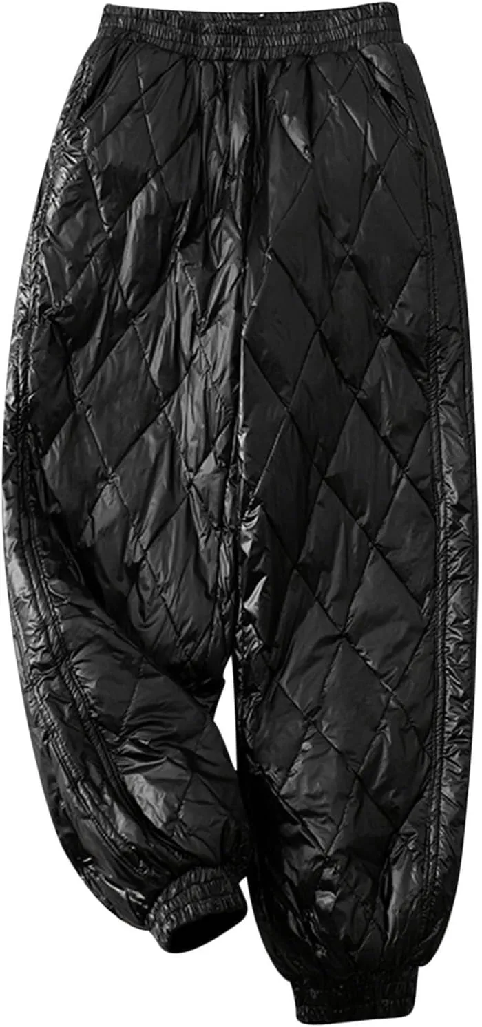 Women's Puffer Snow Pants Quilted Wide Leg Winter Diamond Sweatpants High Waisted Warm Ski Trousers with Pockets