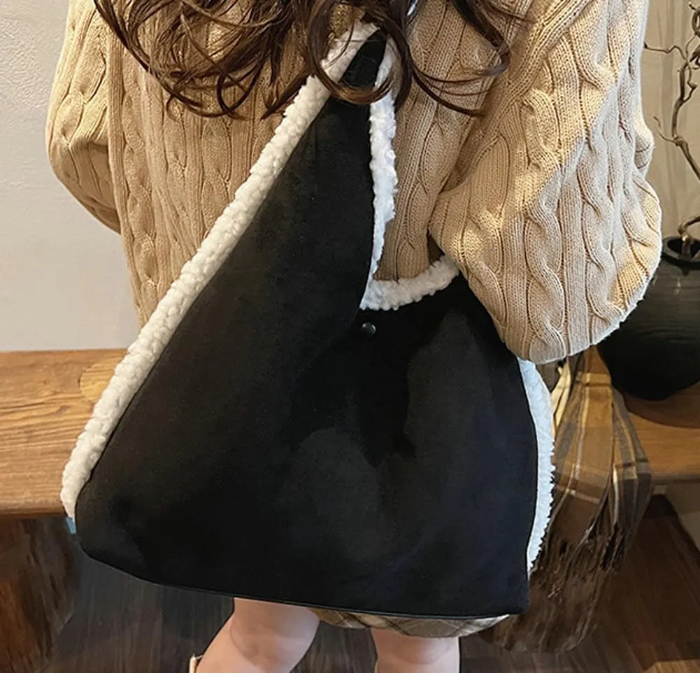 Women's Slouchy Suede Bag Tote Bag Trendy Faux Sherpa Lined Shoulder Handbag Top Handle Bag Fashion Winter Purse