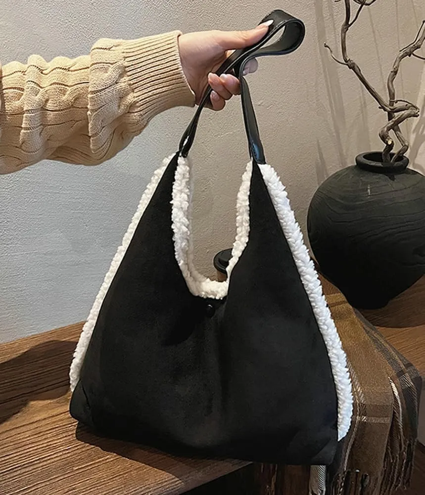 Women's Slouchy Suede Bag Tote Bag Trendy Faux Sherpa Lined Shoulder Handbag Top Handle Bag Fashion Winter Purse
