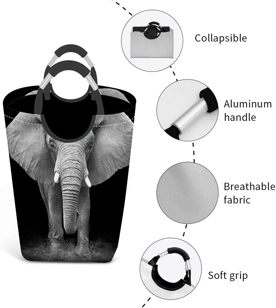 Wondertify Elephant Laundry Hamper African Wild Jungle Old Brown Animal Clothes Basket With Easy Carry Handles For Clothes Organizer Toys Storage Black