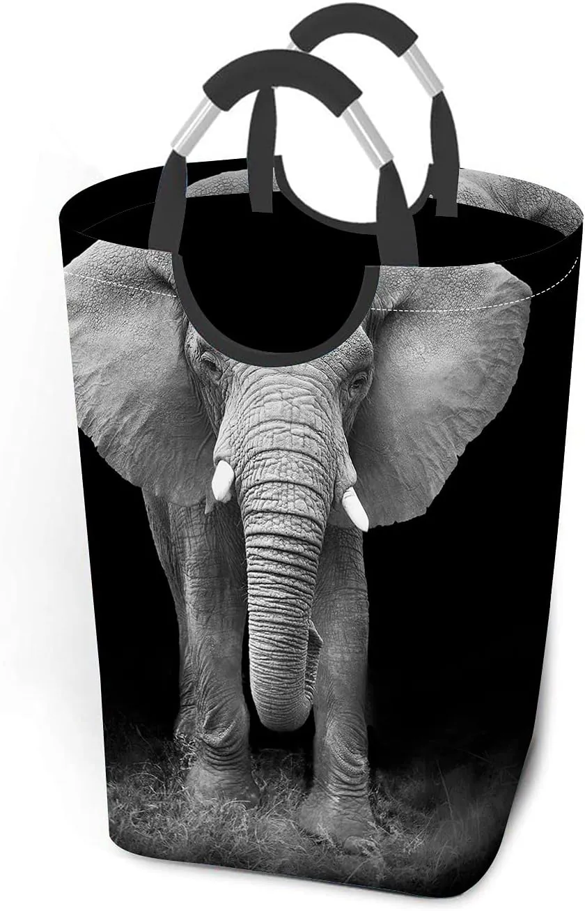 Wondertify Elephant Laundry Hamper African Wild Jungle Old Brown Animal Clothes Basket With Easy Carry Handles For Clothes Organizer Toys Storage Black