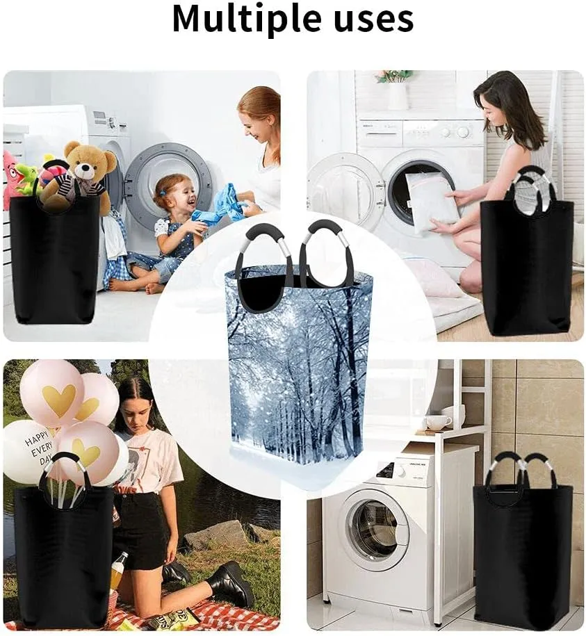 Wondertify Snowstorm Park Laundry Hamper Winter Snow Landscape Clothes Basket With Easy Carry Handles For Clothes Organizer Toys Storage White Blue