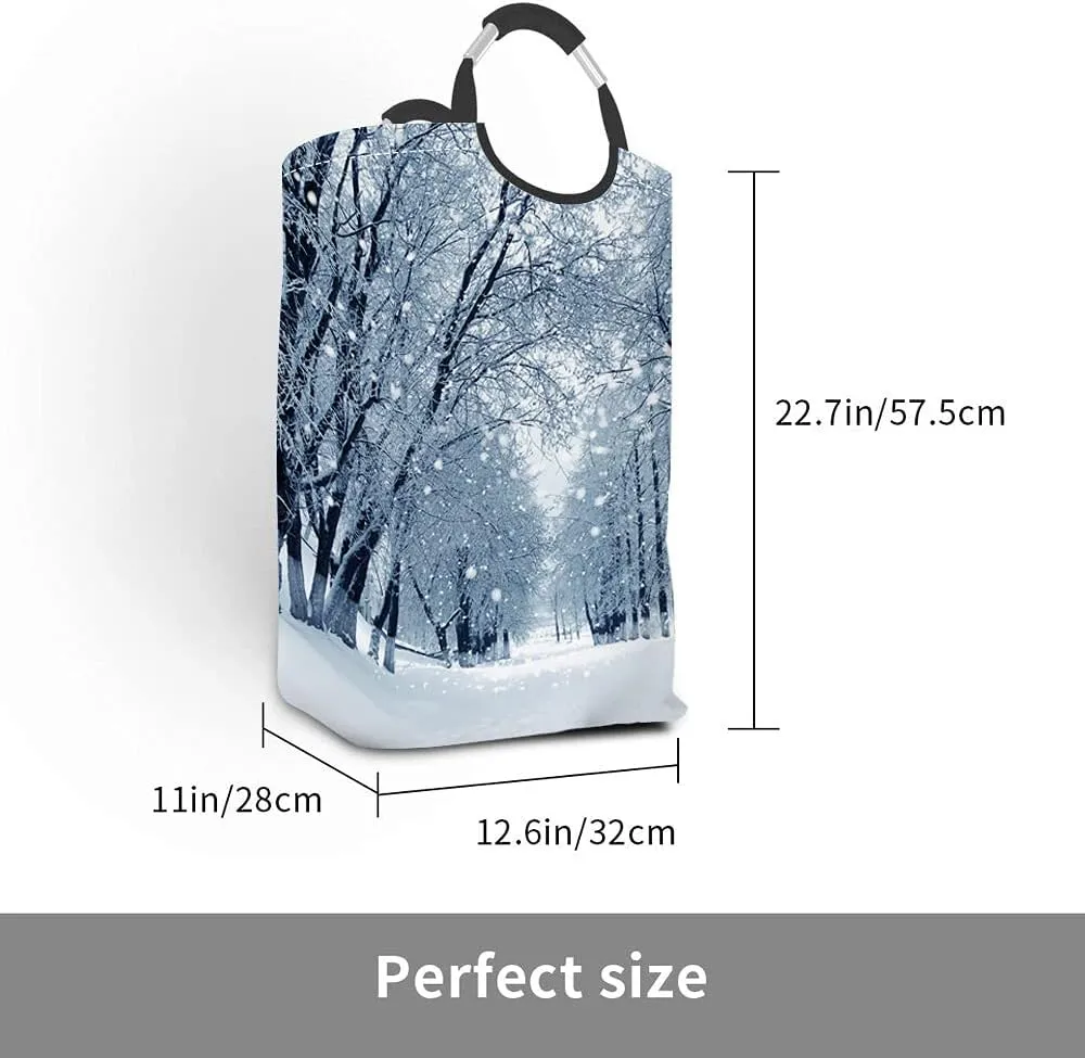 Wondertify Snowstorm Park Laundry Hamper Winter Snow Landscape Clothes Basket With Easy Carry Handles For Clothes Organizer Toys Storage White Blue