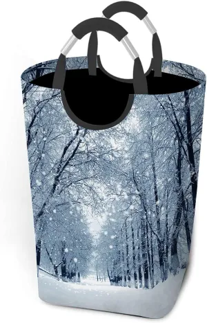 Wondertify Snowstorm Park Laundry Hamper Winter Snow Landscape Clothes Basket With Easy Carry Handles For Clothes Organizer Toys Storage White Blue