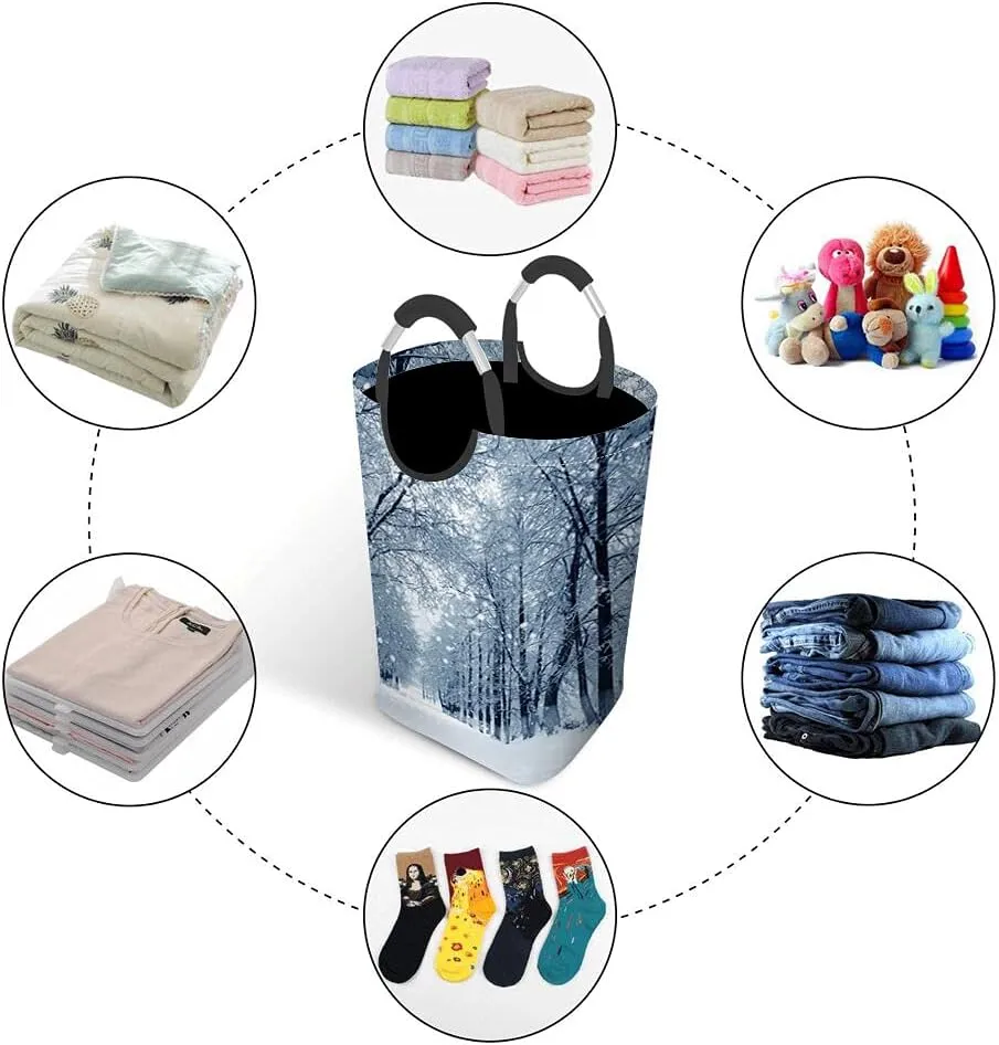Wondertify Snowstorm Park Laundry Hamper Winter Snow Landscape Clothes Basket With Easy Carry Handles For Clothes Organizer Toys Storage White Blue