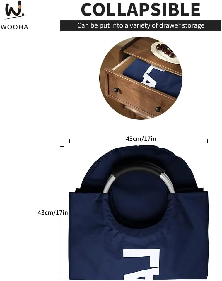 WOOHA 125L Large laundry basket,Collapsible laundry hamper, Tall Clothes Baskets Folding Washing Bin Foldable Fabric Hamper Bags for Bedroom, Closet,Bathroom,College,laundry bag,navy blue