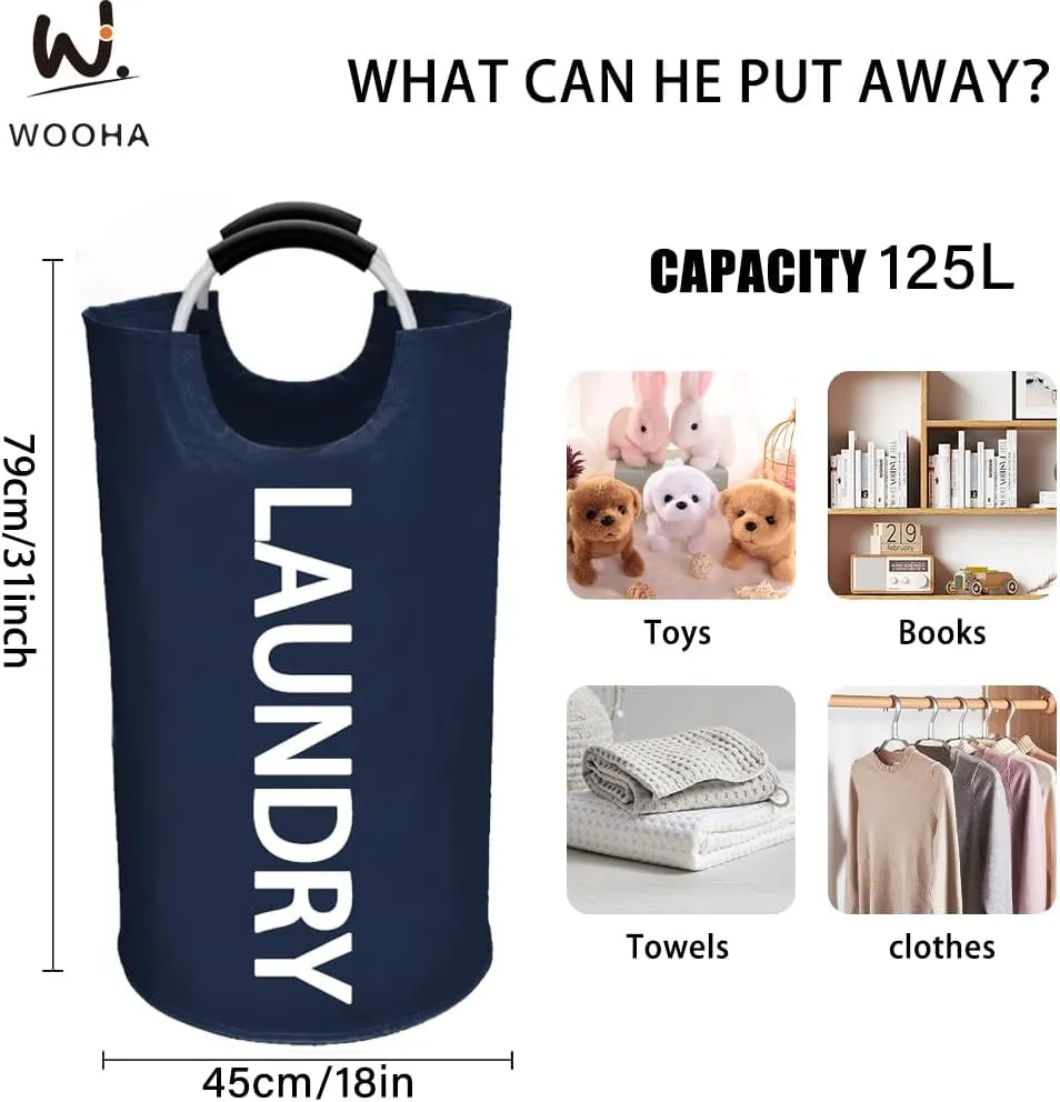 WOOHA 125L Large laundry basket,Collapsible laundry hamper, Tall Clothes Baskets Folding Washing Bin Foldable Fabric Hamper Bags for Bedroom, Closet,Bathroom,College,laundry bag,navy blue