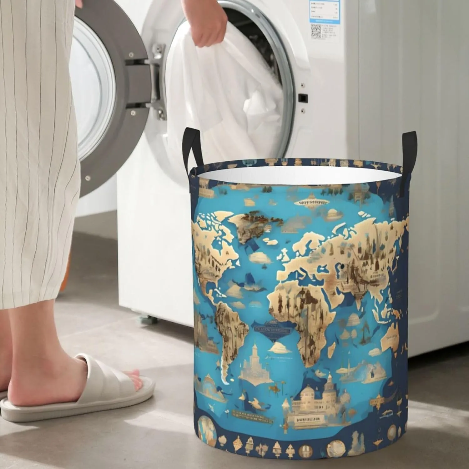 World Geography Map Large Laundry Hampers, Collapsible Tall Clothes Baskets, Washing Bag For Bathroom, Bedrooms