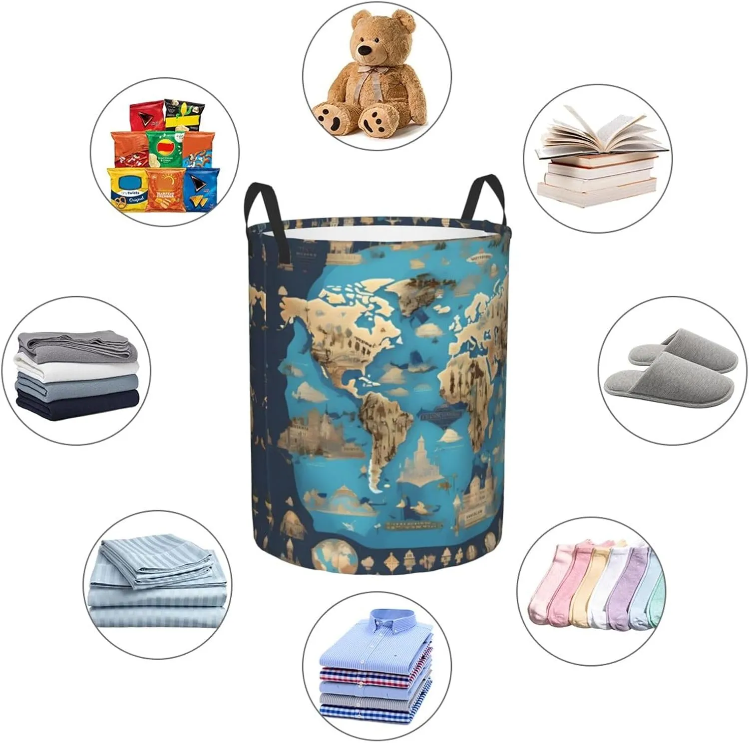 World Geography Map Large Laundry Hampers, Collapsible Tall Clothes Baskets, Washing Bag For Bathroom, Bedrooms
