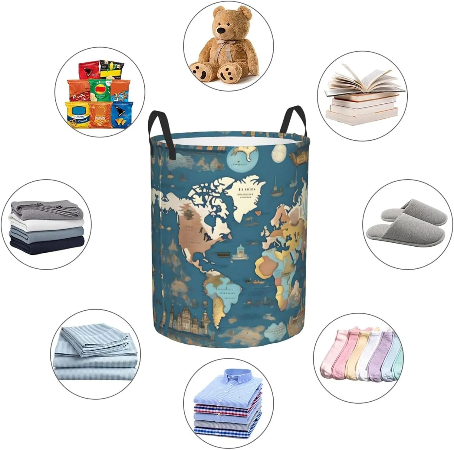 World Map Pattern Large Laundry Hampers, Collapsible Tall Clothes Baskets, Washing Bag For Bathroom, Bedrooms