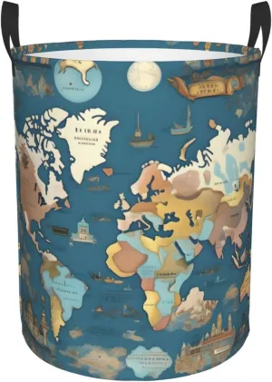World Map Pattern Large Laundry Hampers, Collapsible Tall Clothes Baskets, Washing Bag For Bathroom, Bedrooms