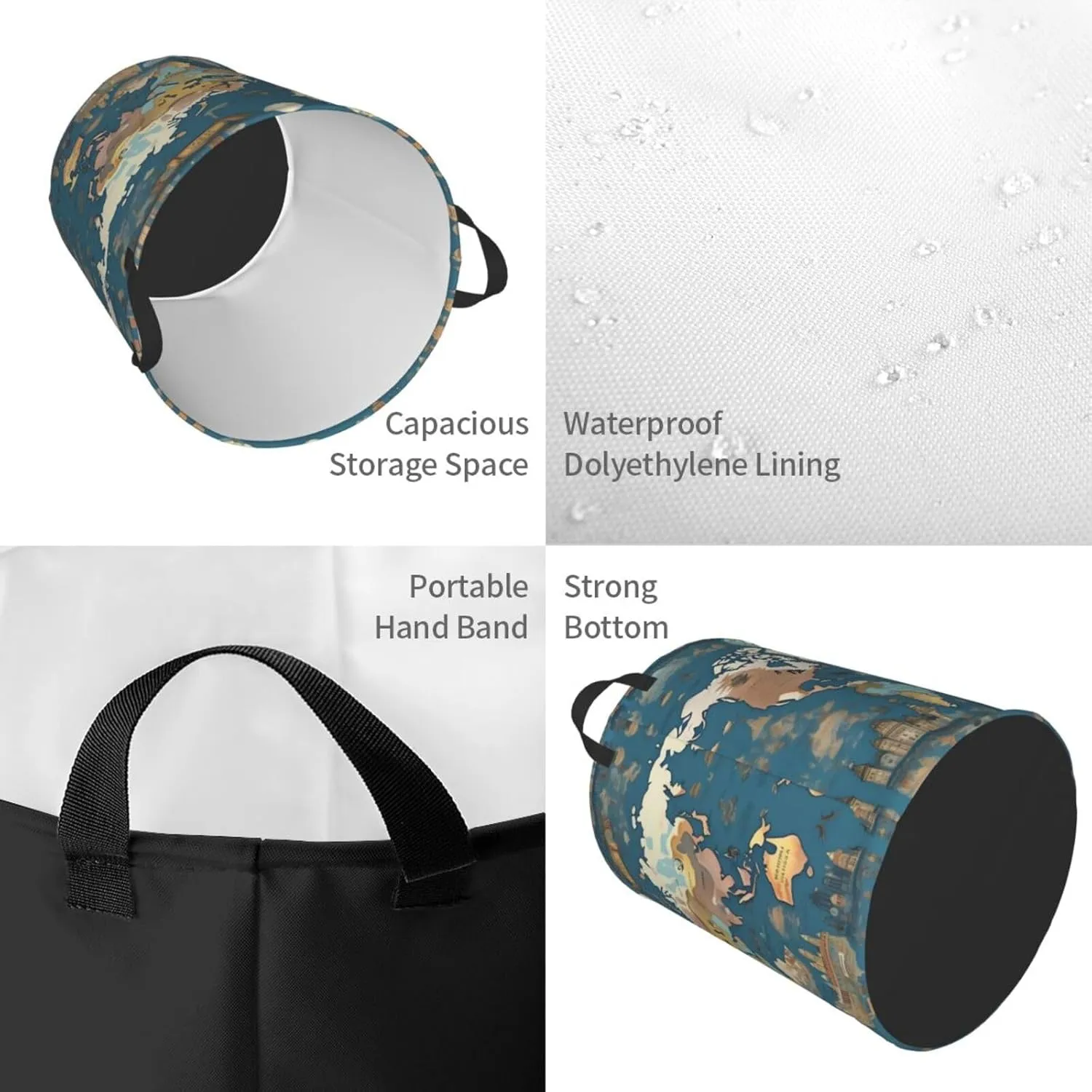 World Map Pattern Large Laundry Hampers, Collapsible Tall Clothes Baskets, Washing Bag For Bathroom, Bedrooms